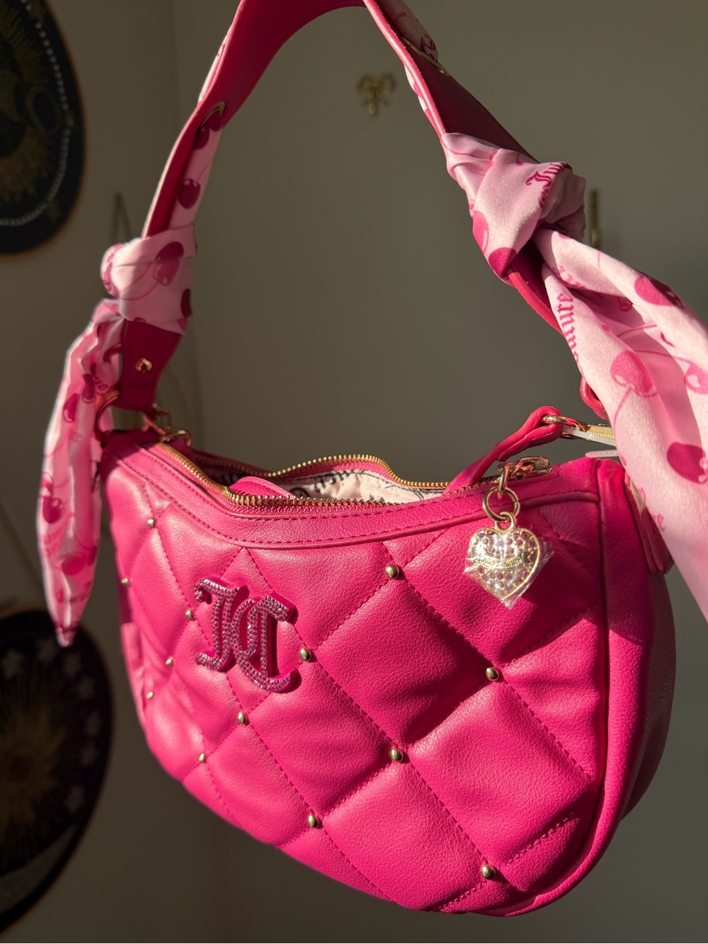 Dark Pink faux leather Quilted Shoulder Bag with pink Cherry scarf